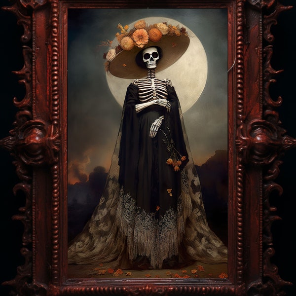 La Catrina Calavera Day of the Dead Dia De Los Muertos Skeleton Sugar Skull Marigold Mexico Halloween Samhain Art Print Poster