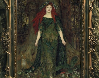 May include: A framed painting depicts a woman with flowing red hair and a floral crown, wearing a green dress of leaves. A fox sits near her feet in a forest setting. The ornate gold frame adds a decorative touch to the artwork.