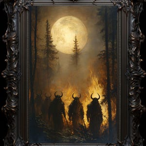 May include: A painting of a dark forest scene with a full moon in the background. Four figures with horns and dark fur walk through the forest, which is lit by flames.