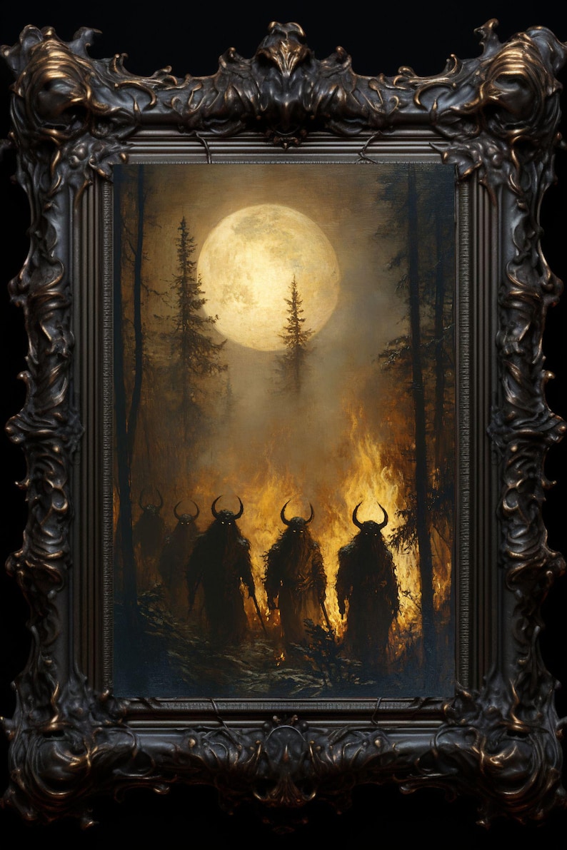 May include: A painting of a dark forest scene with a full moon in the background. Four figures with horns and dark fur walk through the forest, which is lit by flames.