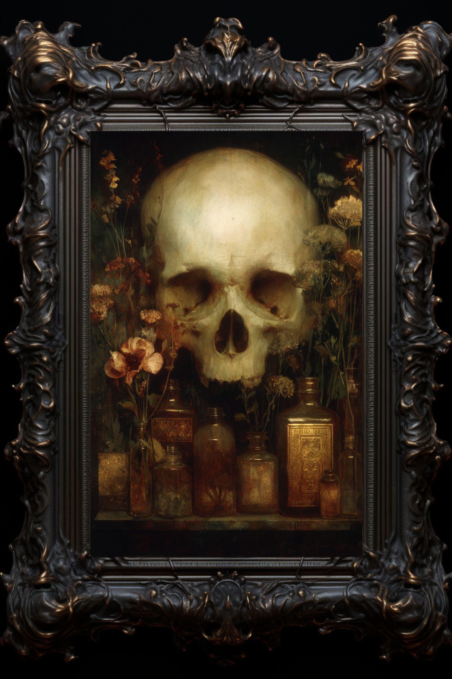 drdfrnt art skul art 部屋に　インテリア　カルフォルニア Apothecary Skull Still Life Art Print: Dark Academia Decor - Etsy