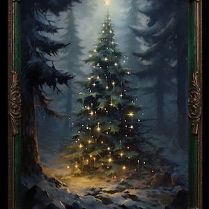 May include: A framed painting of a Christmas tree in a snowy forest. The tree is decorated with lights and topped with a star. The frame is ornate with gold accents and a green border. The background features tall, dark trees.
