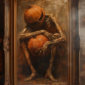 May include: An oil painting in a gold ornate frame depicts a skeletal figure with a pumpkin head, cradling a smaller pumpkin. The artwork has a dark, autumnal color palette, evoking a Halloween theme. The frame is detailed with decorative carvings.