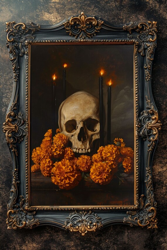 ビンテージ　昭和レトロ　70s ミッドセンチュリー　モダンアート　SKULL 額 Skull and Marigolds Art Print, Day of the Dead Gothic Decor - Etsy