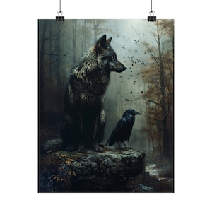 Wolf and Raven Art Print: Gothic Wildlife, Mystical Forest Decor - Etsy