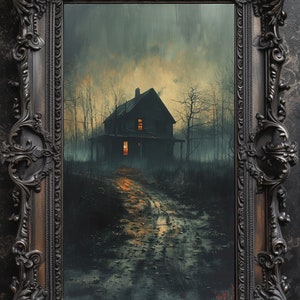 May include: A framed painting depicts a dark, ominous house in a misty forest. The house has lit windows, suggesting warmth against the cold, muted tones of the landscape. The ornate, dark frame adds a vintage aesthetic.