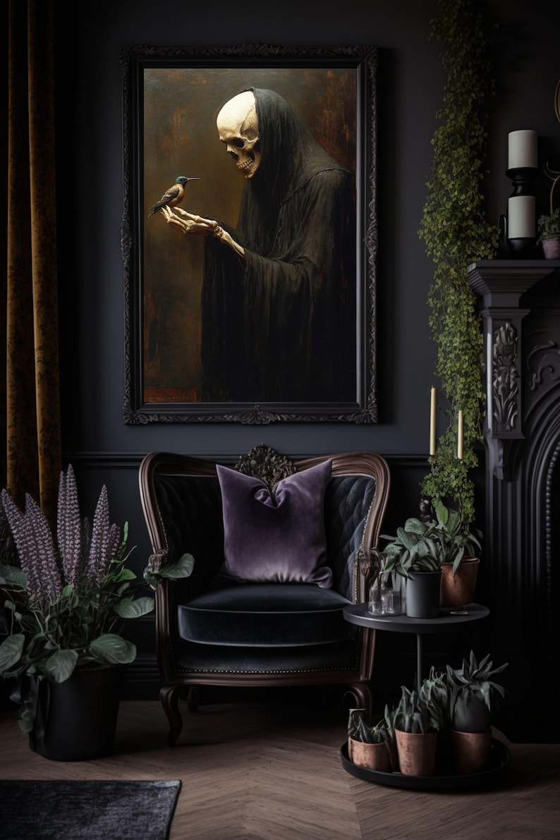 May include: A dark, moody living room with a framed painting of a skeletal figure in a hooded robe holding a small bird. The room features a black armchair with a purple pillow, a side table with potted plants, and a fireplace with candles.