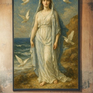 May include: A painting of a woman in a white robe with a blue shawl, standing on a rocky shore with a blue sea in the background. Five white doves fly around her.