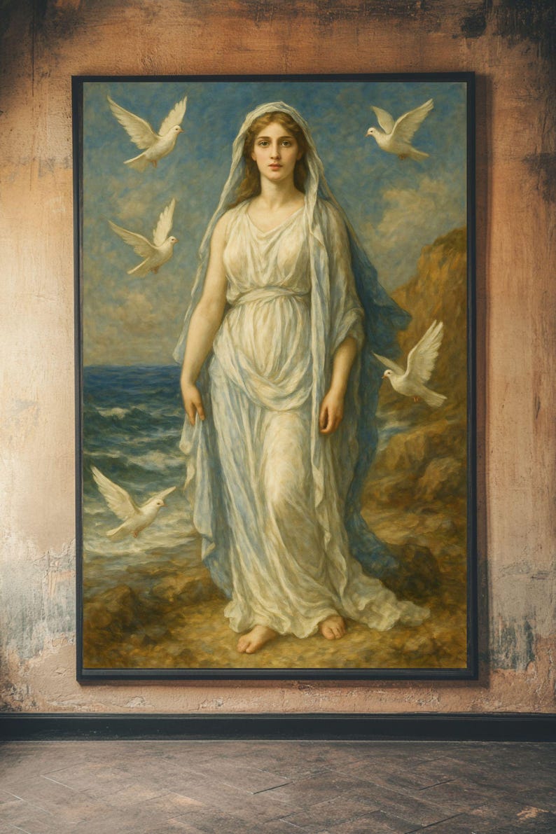 May include: A painting of a woman in a white robe with a blue shawl, standing on a rocky shore with a blue sea in the background. Five white doves fly around her.