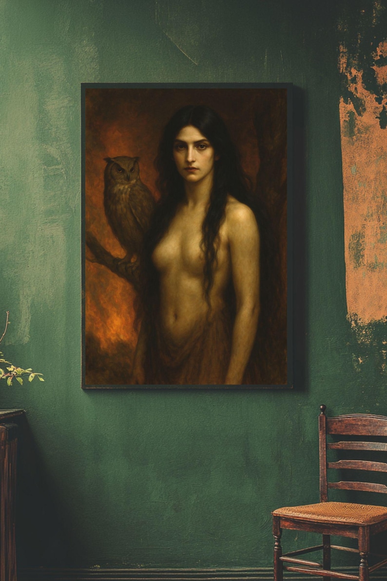 Lámina artística de Lilith: Diosa oscura, búho, decoración gótica para el hogar imagen 5