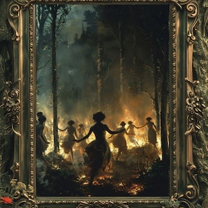 May include: A framed painting depicting a group of people in silhouette dancing around a fire in a dark forest. The frame is ornate and gold with intricate details.