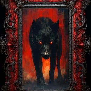 May include: A framed painting of a black wolf with glowing red eyes against a fiery red background. The ornate frame is a deep red with dark accents, creating a gothic or fantasy aesthetic. The artwork evokes a sense of mystery and power.
