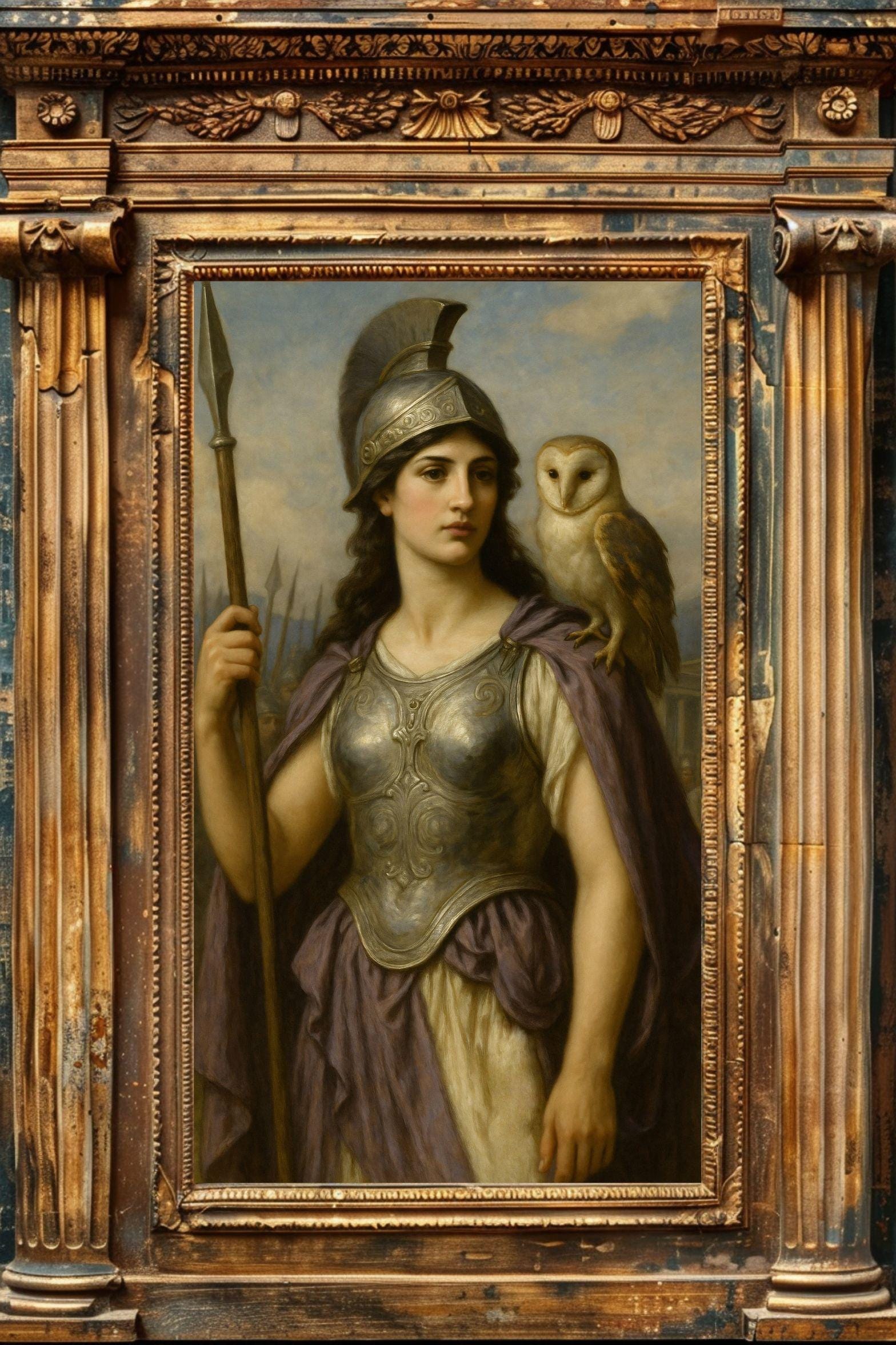 Athena Art Print: Greek Goddess of Wisdom, Owl & Spear