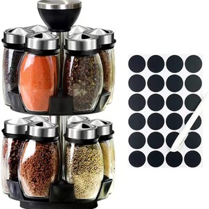 Rotating Spice Rack with 20 Blank Glass Jars Set - Stainless Steel Standing Seasoning Spice Jar Storage Organizer for Kitchen Countertop (Silver)