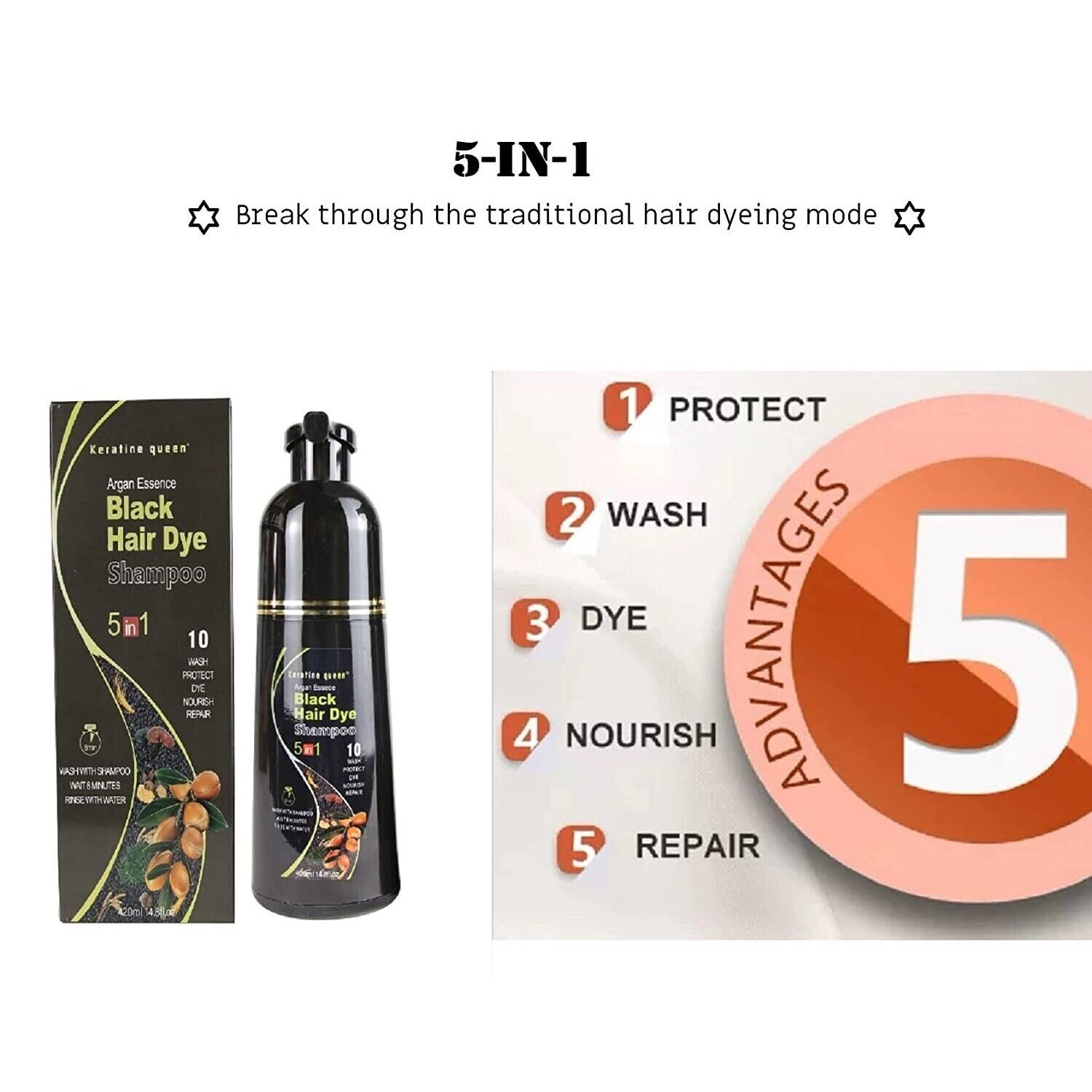 5in1 Black Hair Dye Shampoo and Conditioner for Men and Women, 420ml