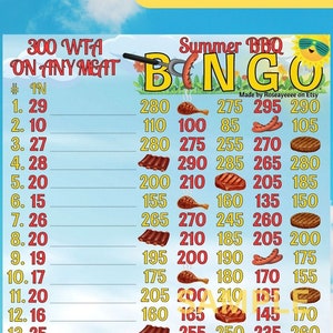 Summer BBQ 300 WTA In Each Row, 15 Line PYP Themed Bingo Board (With/Without Lines)