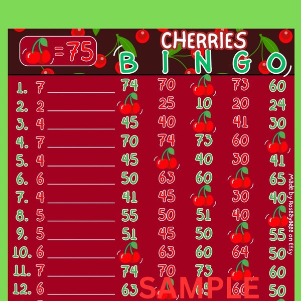 SALE! Cherries 75 WTA (With & Without Lines), 15 Line PYP Themed Bingo Board