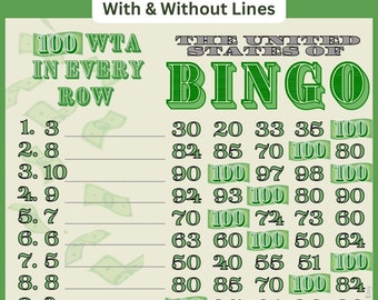 100 Dollar Bill 100 WTA In Each Row, 15 Line PYP Themed Bingo Board