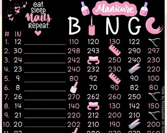 SALE! Manicure 300 WTA In Each Row (With/Without Lines), 15 Line PYP Themed Bingo Board