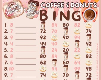 Coffee And Donuts 100 WTA & 75 In Each Row, 15 Line PYP Themed Bingo Board, 2 Versions (With/Without Lines)