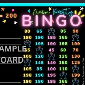 SALE! Neon Party 200 WTA In Each Row, 15 Line PYP Themed Bingo Board