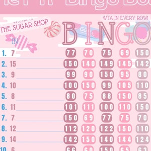 MEGA SALE! Sugar Shop 150 WTA In Each Row, 15 Line Pyp Themed Bingo Board