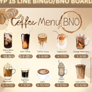 PROMOÇÃO! Cardápio de Café PYP (Mín. 20) Tabuleiro de Bingo Temático PYP com 15 Linhas (100 no Total)