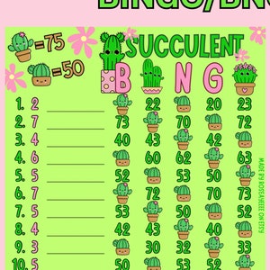Succulent 75 WTA And 50 In Each Row, 15 Line Pyp Themed Bingo Board With & Without Lines
