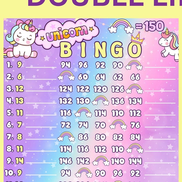 Unicorn 150 WTA Double Lines (With/Without Lines) 15 Line Pyp Themed Bingo Board