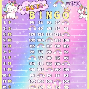 Unicorn 150 WTA Double Lines (Without Lines) 15 Line Pyp Themed Bingo Board