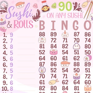 Sushi & Rolls 90 Pro. Boards, *2 Versions* With/Without Lines, Themed 1-15 Line Bingo Boards