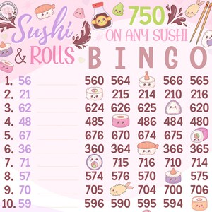 Sushi & Rolls 750 WTA Pro. Bingo Boards, *2 Versions* With/Without Lines, Themed 1-15 Line Bingo Boards, Modified