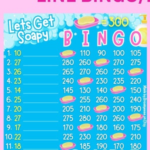 May include: Two blue and pink bingo cards with the text "Lets Get Soapy" and "300 WTA in each row PYP 15 Line Bingo/BNO Boards". The cards have numbers from 10 to 280 in pink squares on a blue background.