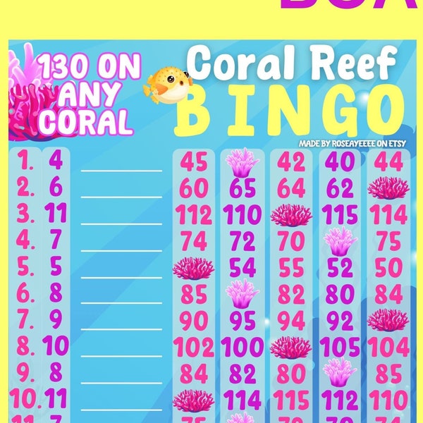 Coral Reef 130 WTA (With/Without Lines) 15 Line Pyp Themed Bingo Board