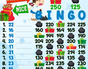 DECEMBER! Naughty or Nice 250/125 Each Row Multi WTA *2 Versions* Reg. & Pro. Boards, 15 Line Pyp Themed Bingo Boards