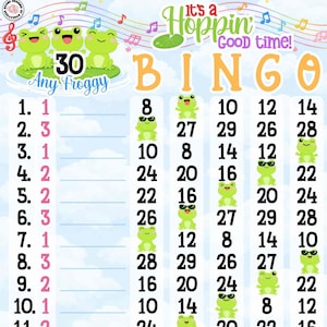 Puede incluir: Un tablero de juego de bingo colorido con tema de ranas. El tablero presenta ranas verdes, notas musicales y el texto "It's a Hoppin' Good Time!" y "Bingo". Los números y las ilustraciones de ranas están dispuestos en una cuadrícula.