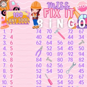 May include: A pink and purple bingo card with the title "Miss Fix It Bingo". The card has numbers and images of tools, such as a hammer, screwdriver, wrench, and pliers. The card is designed for a children's game.