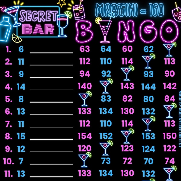 Secret Bar 160 WTA In Each Row, 15 Line PYP Themed Bingo Board (With/Without Lines Included)