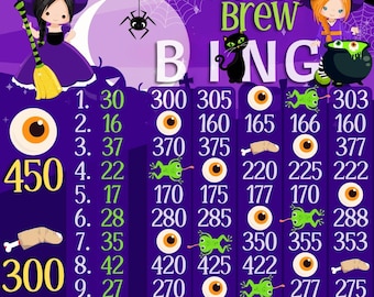 HALLOWEEN! Witches Brew 450 WTA Multi Bingo Boards, *2 Versions* With/Without Lines, Themed 1-15 Line Bingo Boards