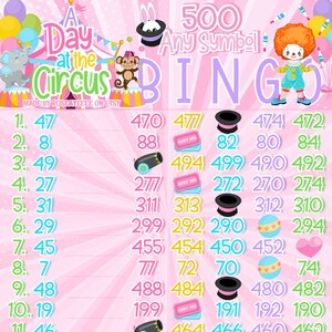 May include: A pink and white bingo card with a circus theme. The card has 5 rows and 5 columns of numbers. The numbers are 47, 8, 49, 27, 31, 29, 45, 7, 48, 19, 46, 38, 9, 48, and 49. The card also has a variety of circus-themed images, including a clown, a monkey, a cannon, a top hat, and a ticket.