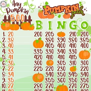 Puede incluir: Una tarjeta de bingo verde y blanca con temática de huerto de calabazas. La tarjeta tiene números del 20 al 440, con la palabra "Bingo" en la parte superior y la frase "Pumpkin Patch" en una fuente decorativa. La tarjeta es un tablero de muestra.