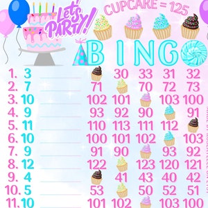 ANIVERSÁRIO! Let’s Party 125 WTA *2 versões* Reg. e Pro. Board, 15 linhas PYP Themed Bingo Boards