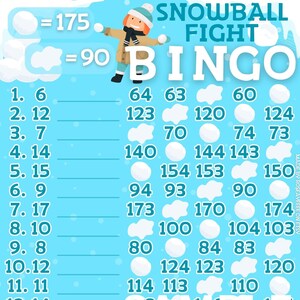 DECEMBER! Snowball Fight 175 WTA And 90 In Each Row, 15 Line Pyp Themed Bingo Board With & Without Lines