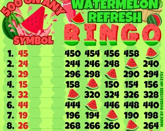 Watermelon Refresh 500 *2 Versions* Reg. WTA & Pro. Boards, 15 Line PYP Themed Bingo Boards