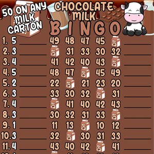 Chocolate Milk 50 WTA Double Lines (With/Without Lines) 15 Line Pyp Themed Bingo Board