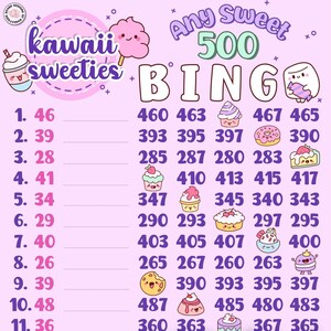 May include: A pink and purple bingo card with the title "Any Sweet 500 Bingo" and a kawaii theme. The card has 15 numbers on the left side and 25 numbers on the right side. The numbers are arranged in a 5x5 grid. The card is decorated with cute cartoon images of sweets and desserts.