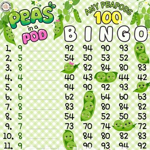 Peas In a Pod 100 *2 Versions* Reg. WTA & Pro. Boards, 1-15 Line PYP Themed Bingo/Bno Boards