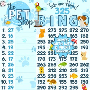 The Pet Shop 325 *2 Versions* WTA & Profit Boards (Min. 50), PYP, Pro, Themed 1-15 Line Bingo Boards