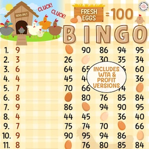 Cluck Cluck! 100 *2 Versions* WTA & Profit Boards (Min. 15), PYP, Pro, Themed 1-15 Line Bingo Boards