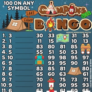 Camping 100 WTA *2 Versions* Reg. & Pro. Board (Min. 15), 15 Line PYP Themed Bingo Boards